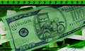 A drawing of him on a dollar bill