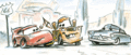 Lightning McQueen, Mater and Doc Hudson in front of the Courthouse